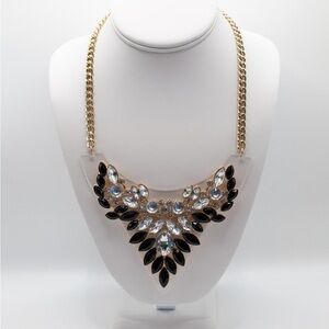 VTG Black Onyx Rhinestone & Gold Acrylic Statement Bib Necklace